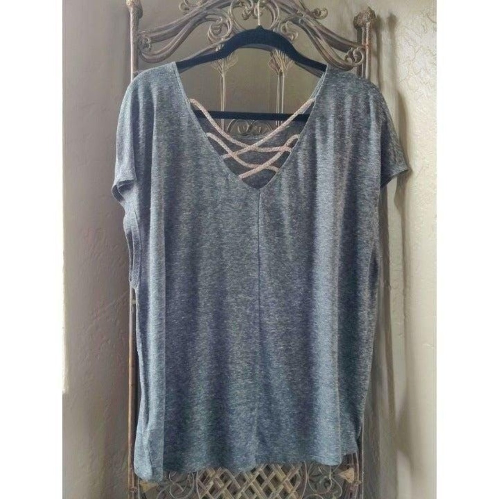 Gap Womens XL Gray Linen Blend Strappy Lattice Back Short Sleeve Top Tee